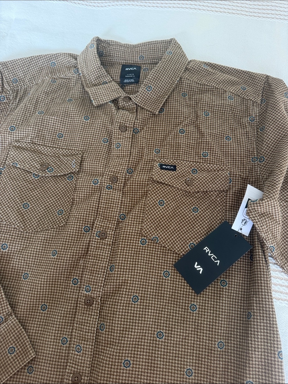RVCA Men's Brown Micro-Pattern Button-Down Shirt with Blue Accents